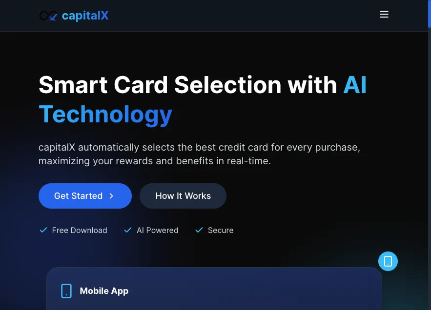 Home screen of showcase website for capitalX