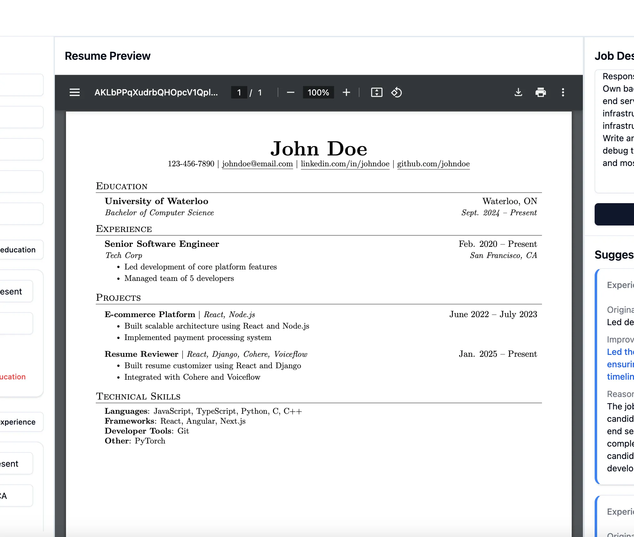 A resume being reviewed using Resume Reviewer